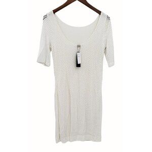 Banana Republic Dress Size 4 Small White Perforated Midi Stretch Lined NEW